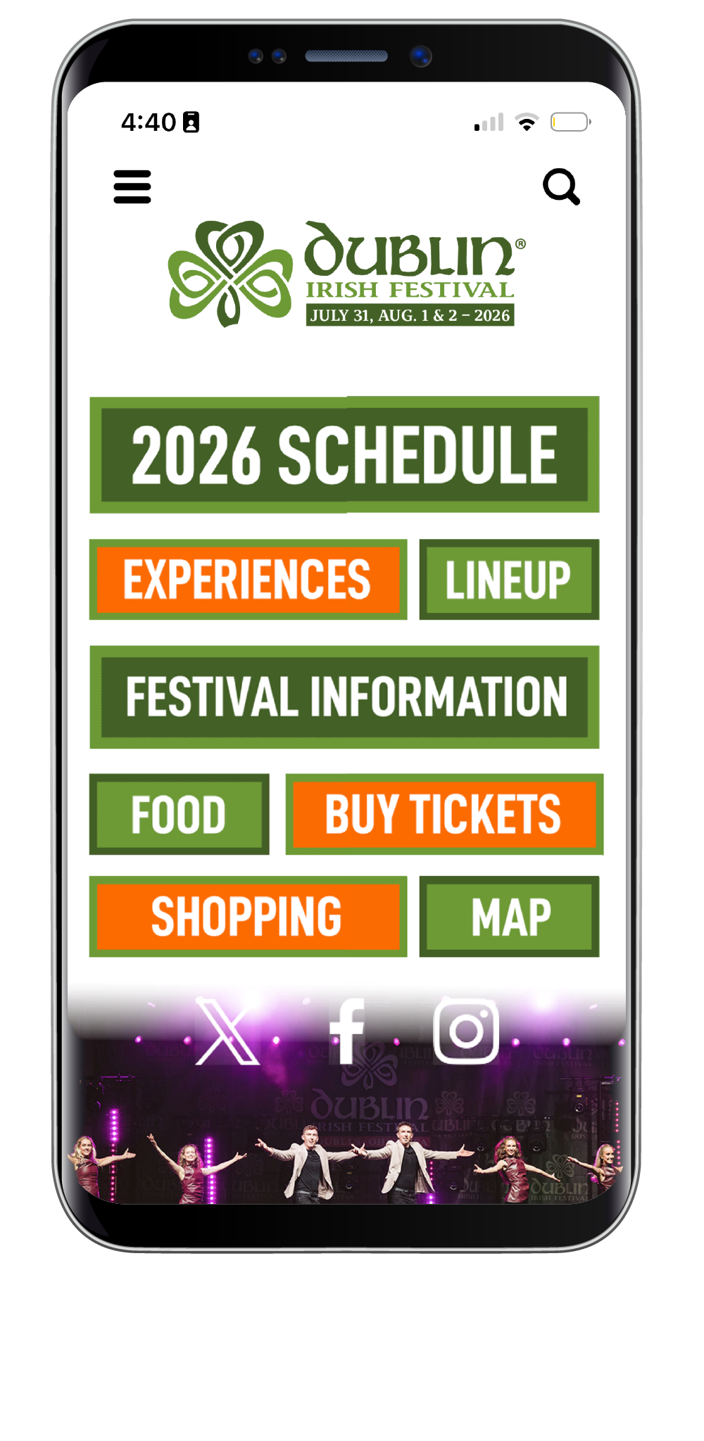 Mobile app splash/navigation screen for Dublin Irish Festival, with a green 2026 Schedule banner and orange/green category buttons (Experiences, Lineup, Festival Information, Food, Buy Tickets, Shopping, Map).